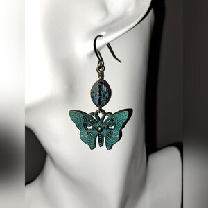 Handmade Boho Green Patina Bronze  Butterfly Dangle Earrings